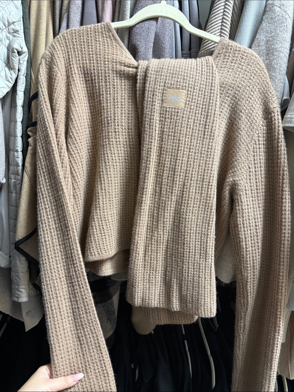 ALO Yoga Camel Waffle-Knit Cropped Cardigan